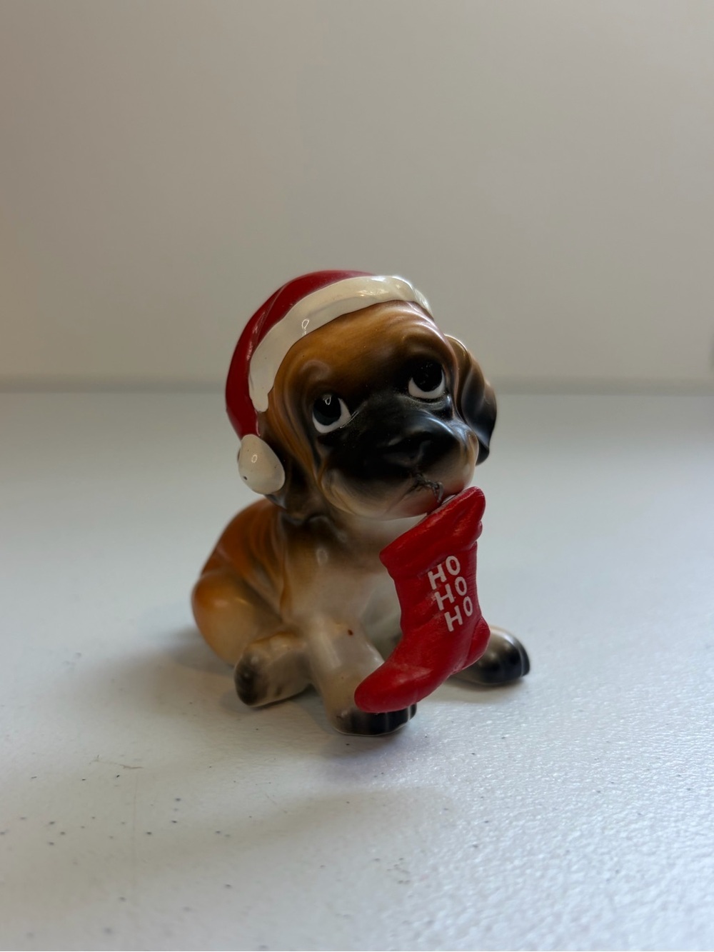 Vintage Enesco Puppy Dog Santa Hat Figurine Christmas Dogs Ceramic Boxer